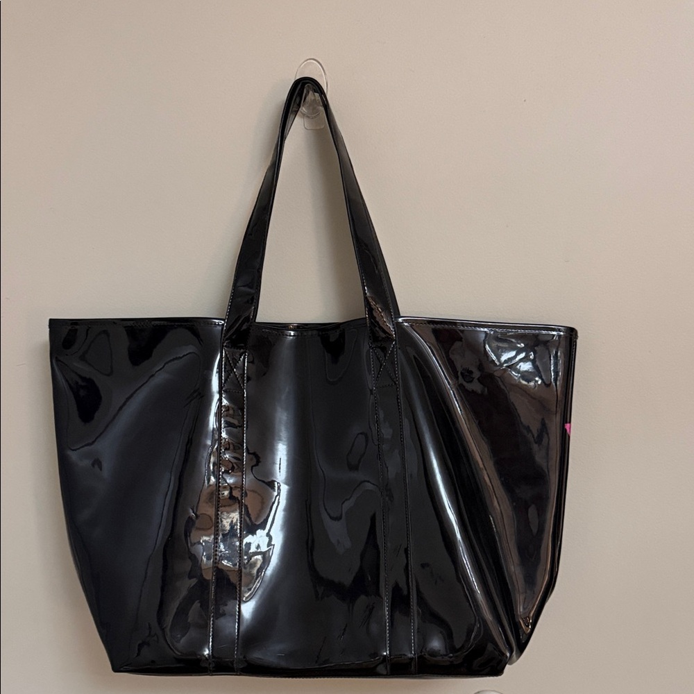 Victoria's Secret Glossy Black Tote with Pink Lettering - Picture 2 of 7